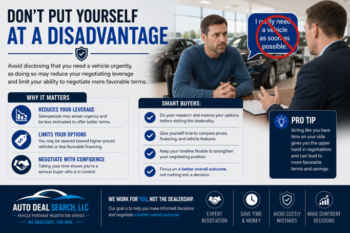 What Not to Say at a Car Dealership :  Avoid disclosing that you need a vehicle urgently