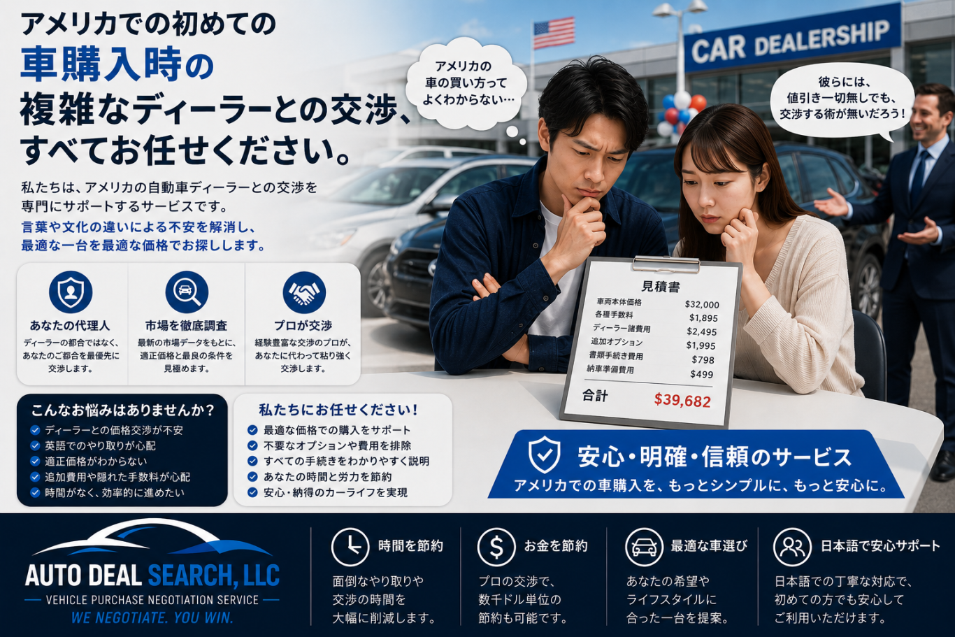 "アメリカでの初めての車購入時の複雑なディーラーとの交渉、すべてお任せください。" アメリカで自動車購入 交渉代行